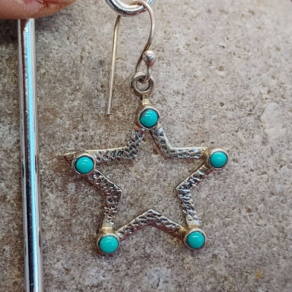 Handmade Stamped Sterling Silver Turquoise Dangle Star Earrings - Picture 3 of 6